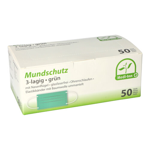Medi-Inn® Mundschutz Type II 3-lagig 9 cm x 17,5 cm grün mit Nasenbügel Medi-Inn® Mundschutz Type II 3-lagig 9 cm x 17,5 cm grün mit Nasenbügel