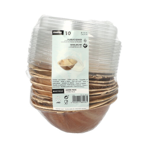 1200 Schalen, Palmblatt rund 300 ml Ø 15 cm · 8,3 cm mit rPET Deckel "Kombipack"