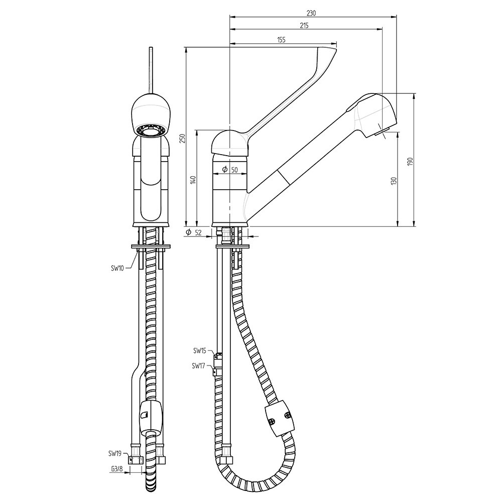 MONOLITH Mischbatterie mit Waschbrause, Einloch-Montage, Einhebelmischer