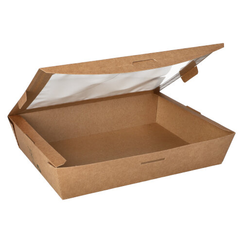 1920 Feinkostboxen, Pappe mit Sichtfenster aus PLA "pure" eckig 1500 ml 4,5 cm x 21 cm x 16 cm braun "100% Fair"