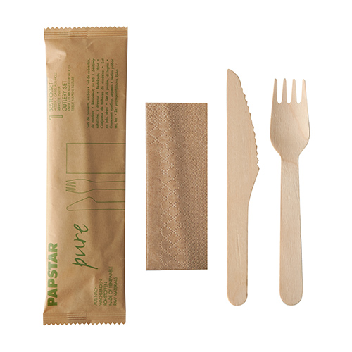 9450 Besteckset, Holz "pure" : Messer, Gabel, Serviette in Papierbeutel