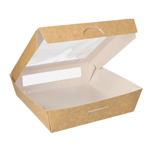 25 Feinkostboxen, Pappe mit Sichtfenster aus PLA eckig 1500 ml 19 cm x 19 cm x 5 cm braun 1400 Feinkostboxen, Pappe mit Sichtfenster aus PLA eckig 1500 ml 19 cm x 19 cm x 5 cm braun