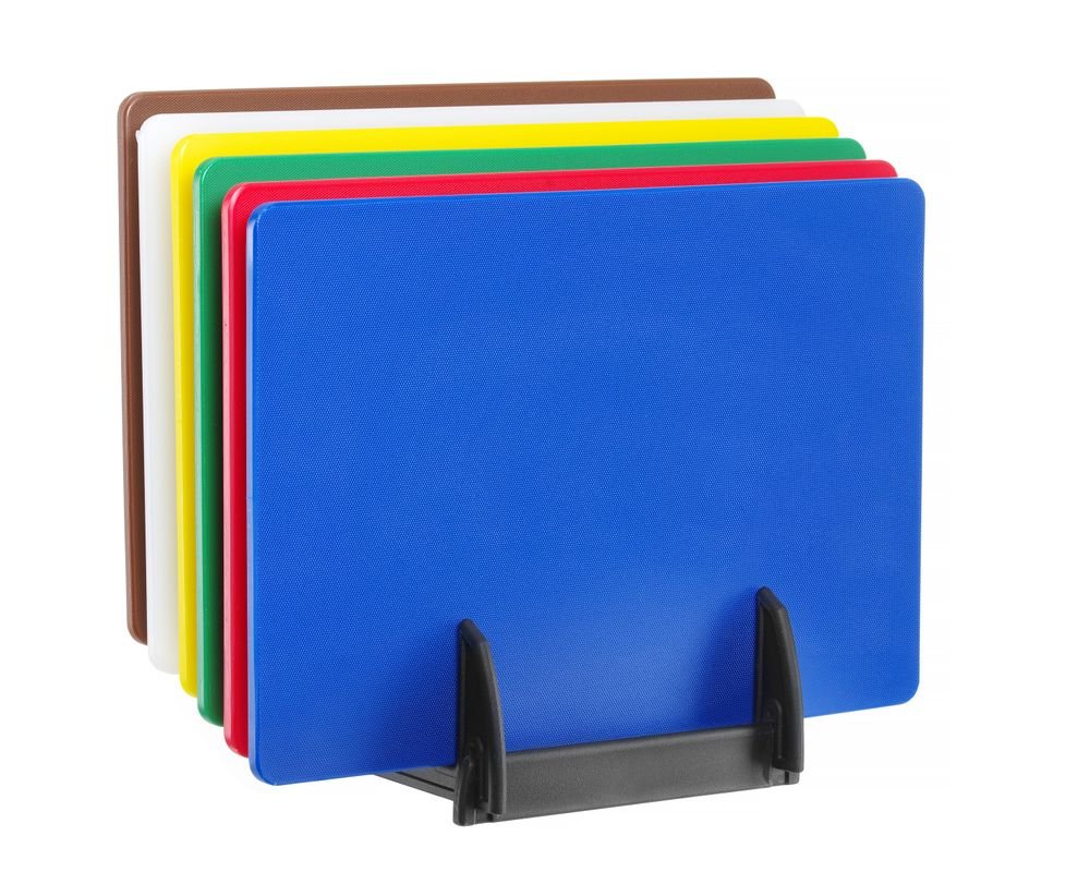 Set aus 6 HACCP-Schneidebrettern inkl. Rack, HENDI, 6 Stk., 450x300x(H)10mm