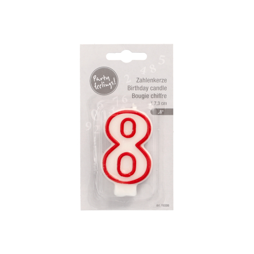 4320 Zahlenkerze 7,3 cm weiss "8" mit rotem Rand