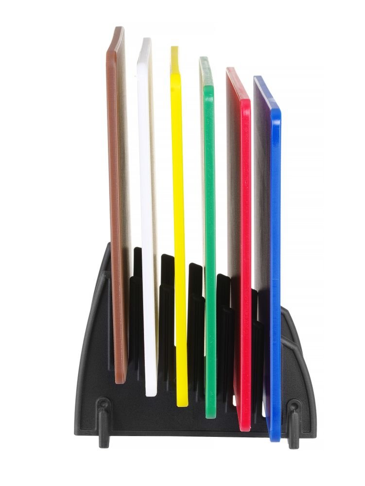 Set aus 6 HACCP-Schneidebrettern inkl. Rack, HENDI, 6 Stk., 450x300x(H)10mm
