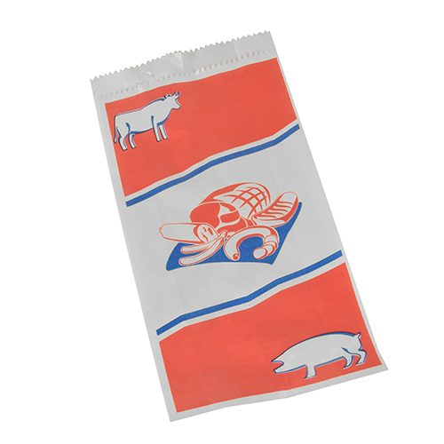 84000 Fleischerbeutel, Kraftpapier, gefädelt 28 cm x 14 cm x 6 cm weiss mit Druck, klein