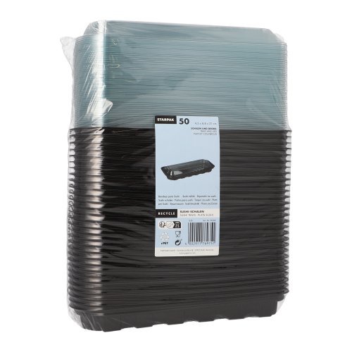 50 Sushi-Schalen R-PET rechteckig 21 cm x 8,8 cm x 4,3 cm schwarz mit transparentem Deckel 8000 Sushi-Schalen R-PET rechteckig 21 cm x 8,8 cm x 4,3 cm schwarz mit transparentem Deckel