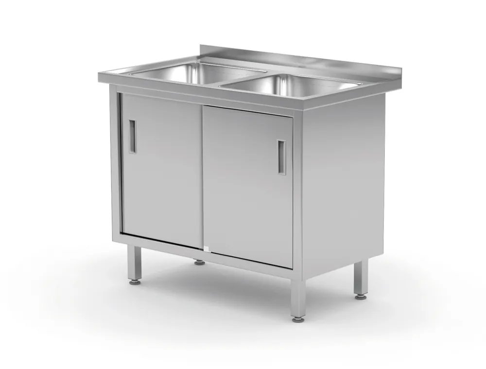 Tisch mit 2 Spülbecken, Schrank – verschweißt, mit Schiebetüren, Profi Line, 1000x600x(H)850mm Tisch mit 2 Spülbecken, Schrank – verschweißt, mit Schiebetüren, Profi Line, 1000x600x(H)850mm