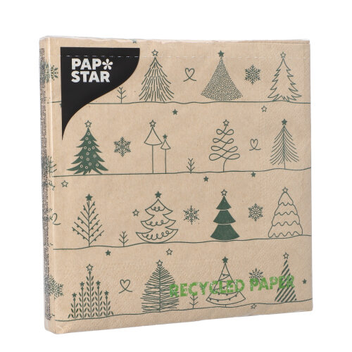 21600 Servietten, 3-lagig 1/4-Falz 33 cm x 33 cm ! natur "Various X-Mas Trees" aus recyceltem Papier