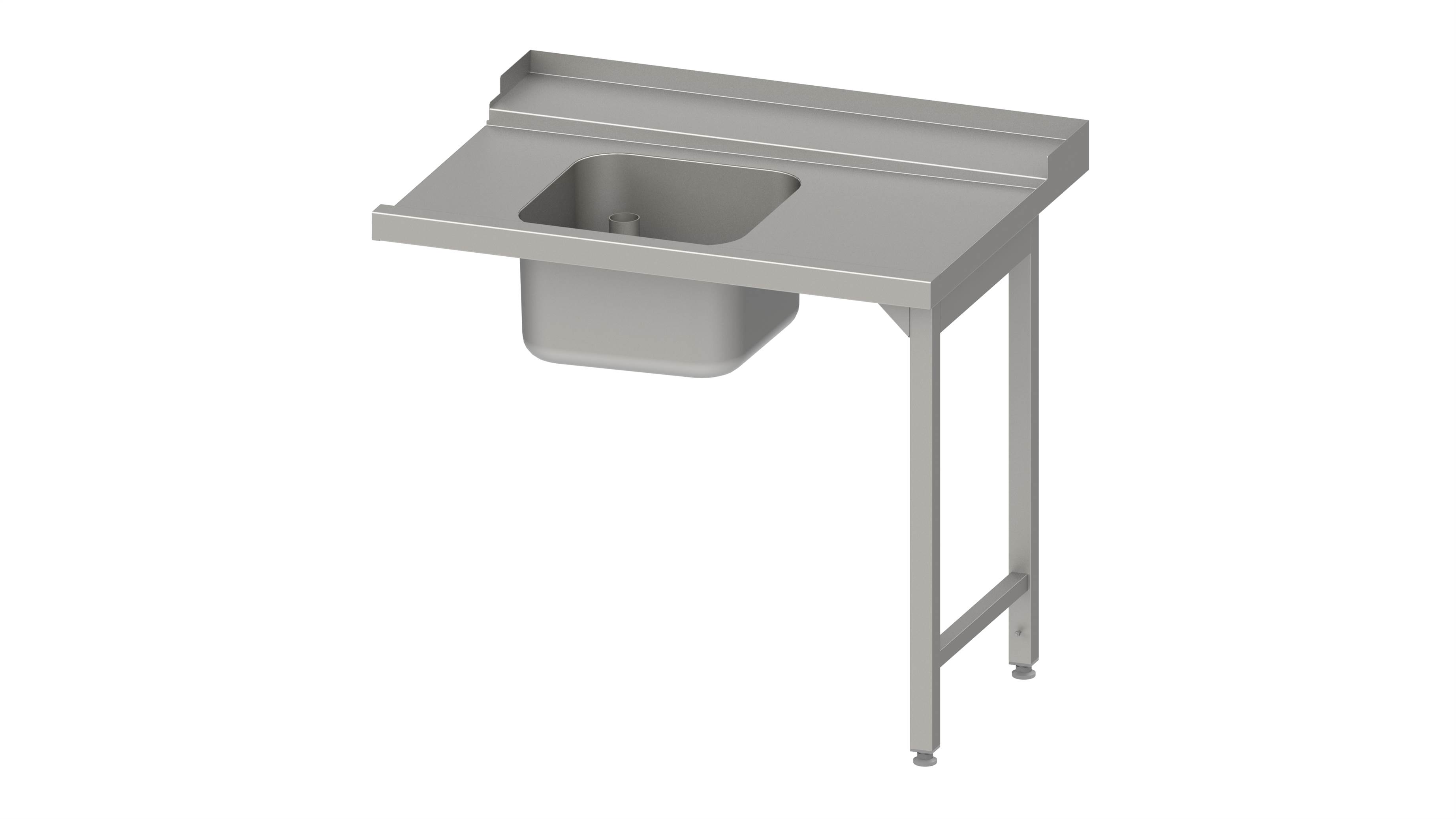 Zulauftisch, Korbführung mit Gefälle, auf zwei Beinen mit einem Becken 700x750x880 mm, Anbauseite rechts, mit Aufkantung, verschweißt Zulauftisch, Korbführung mit Gefälle, auf zwei Beinen mit einem Becken 1800x750x880 mm, Anbauseite rechts, mit Aufkantung, verschweißt