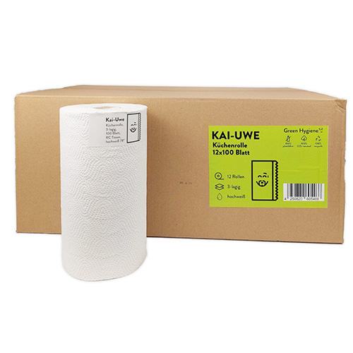 Rollen "Green Hygiene" Küchenrollen "KAI-UWE" Ø 13 cm · 22 cm x 24,7 cm 100 Blatt, 3-lagig Rollen "Green Hygiene" Küchenrollen "KAI-UWE" Ø 13 cm · 22 cm x 24,7 cm 100 Blatt, 3-lagig