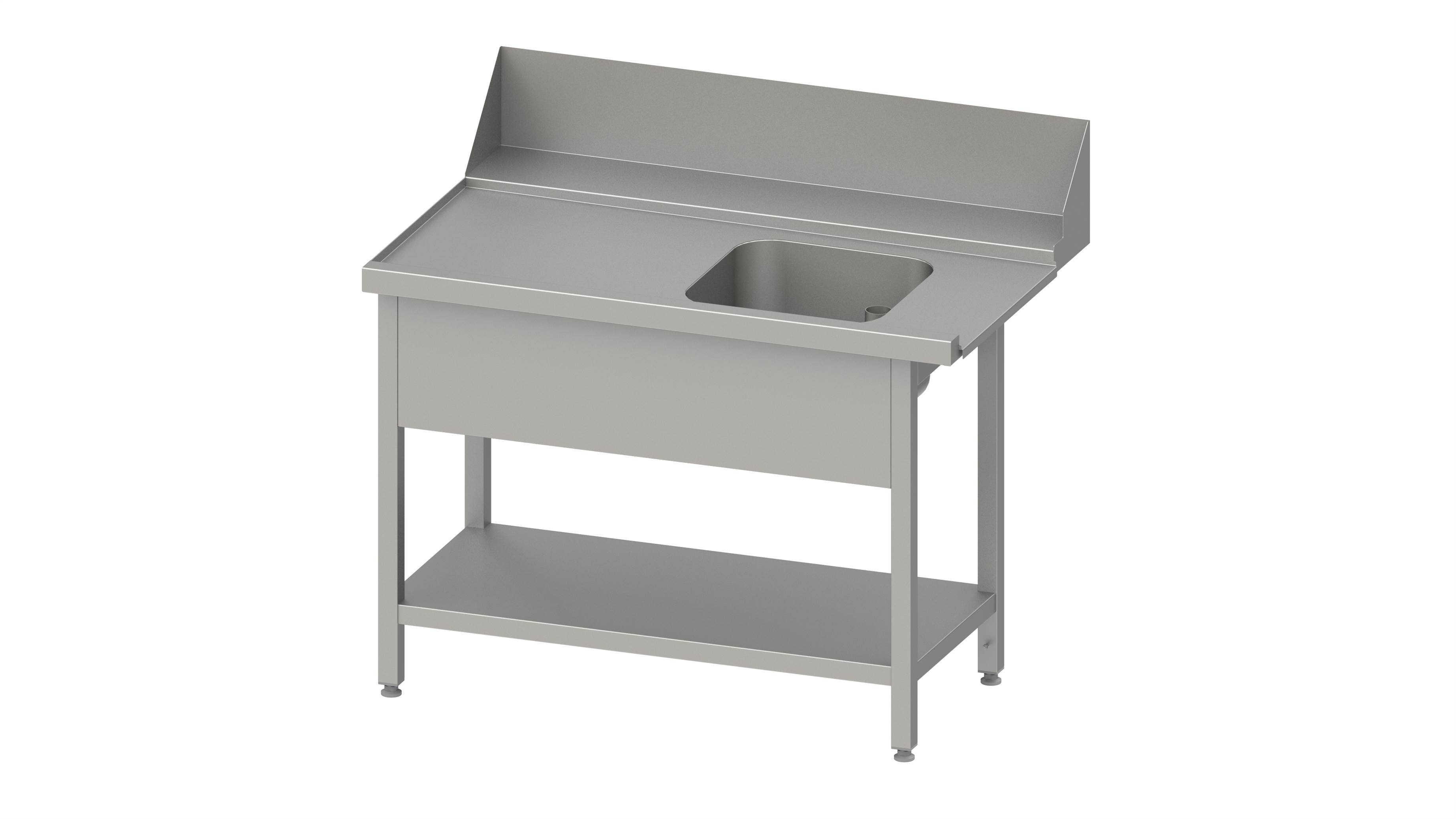 Zulauftisch "PRO", Korbführung mit Gefälle, mit Grundboden und einem Becken 1800x750x880 mm, Anbauseite links, mit Aufkantung 200 mm und Beckenblende, verschweißt