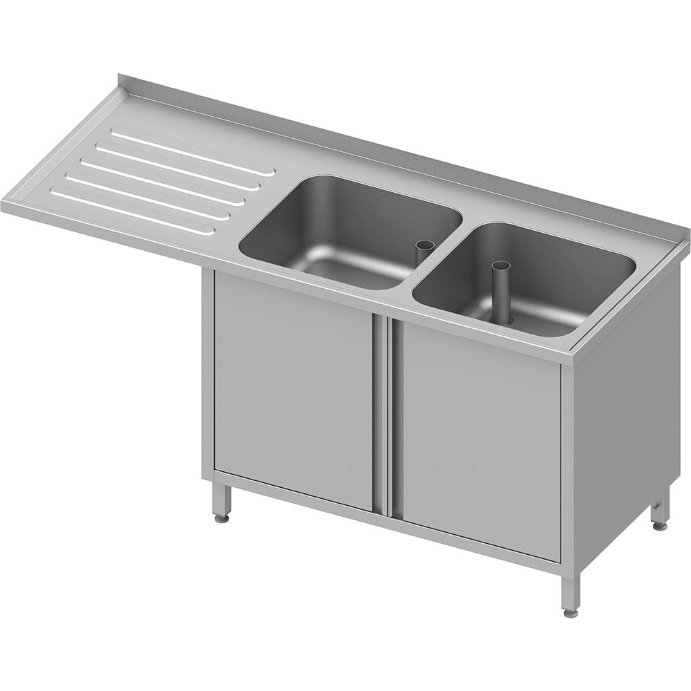 Spülschrank mit Flügeltüren und Überstand 1800x700x900 mm, mit zwei Becken rechts, mit Aufkantung, verschweißt