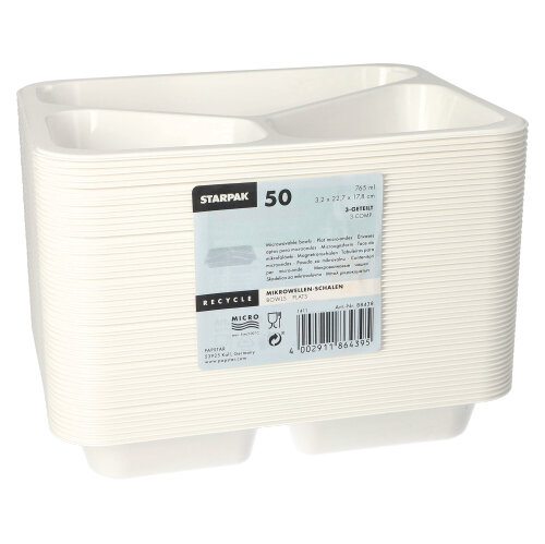 500 Mikrowellenschalen, PP 3-geteilt 765 ml 3,2 cm x 22,7 cm x 17,8 cm weiss 6000 Mikrowellenschalen, PP 3-geteilt 765 ml 3,2 cm x 22,7 cm x 17,8 cm weiss