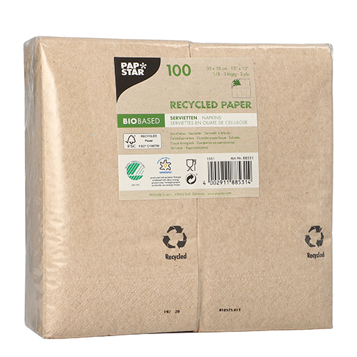 600 Servietten, 3-lagig 1/8-Falz 33 cm x 33 cm natur aus recyceltem Papier 25200 Servietten, 3-lagig 1/8-Falz 33 cm x 33 cm ! natur aus recyceltem Papier