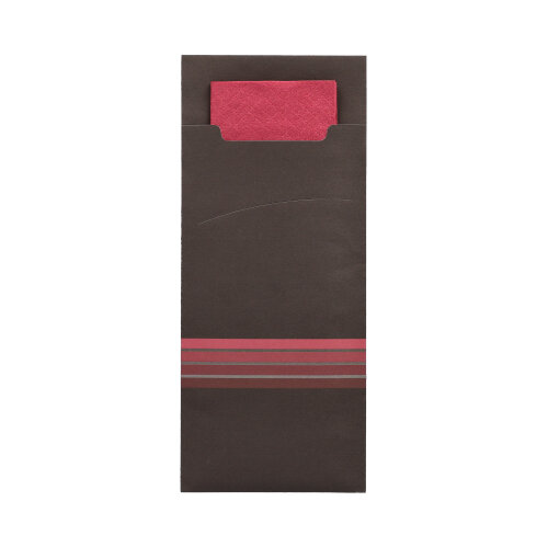 15600 Bestecktaschen 20 cm x 8,5 cm schwarz/bordeaux "Stripes" inkl. farbiger Serviette 33 x 33 cm 2-lag.