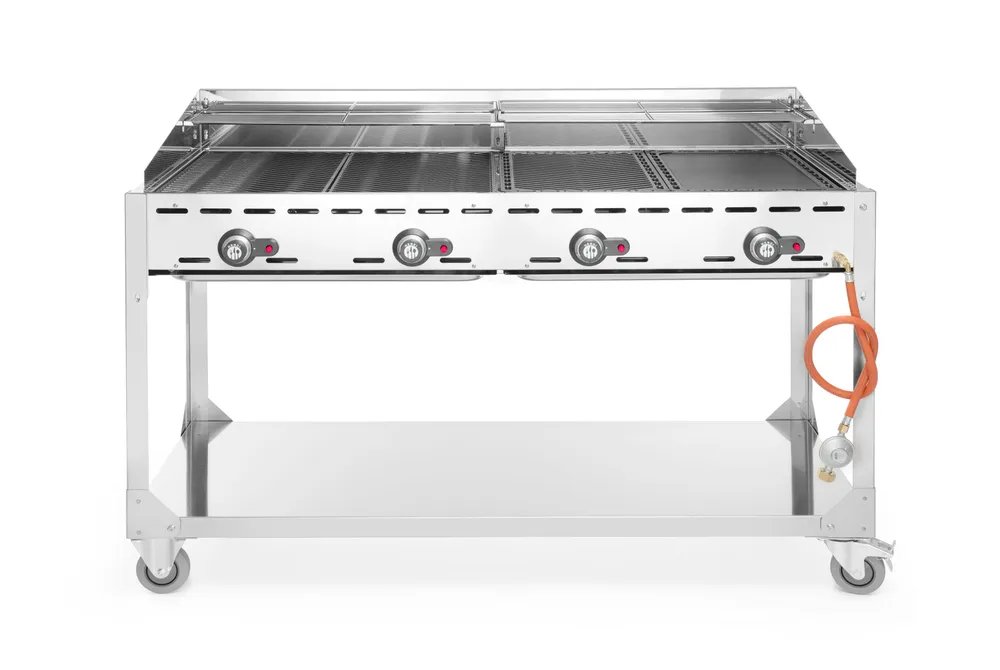 Grillsystem Green Fire mit 4 Brennern, Profi Line, mit Rollengestell, Hellgrau, 22kW, 1400x612x(H)825mm Grillsystem Green Fire mit 4 Brennern, Profi Line, mit Rollengestell, Hellgrau, 22kW, 1400x612x(H)825mm