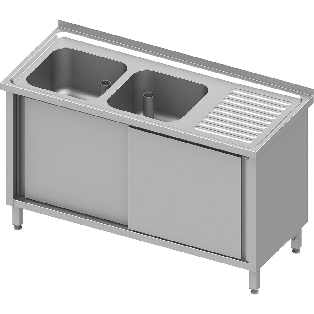 Spülschrank mit Schiebetüren 1400x700x850 mm, mit zwei Becken links, mit Aufkantung, verschweißt