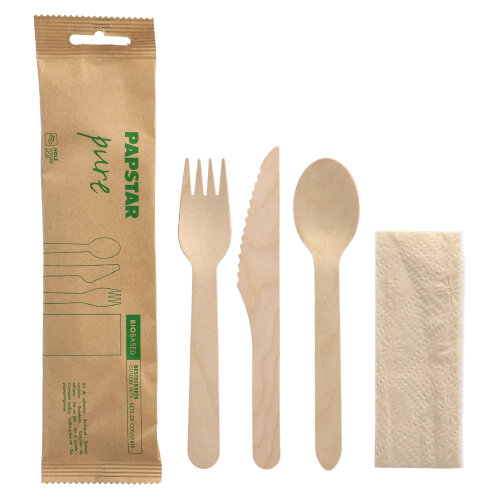 7000 Bestecksets, Holz "pure" : Messer, Gabel, Löffel, Serviette in Papierbeutel