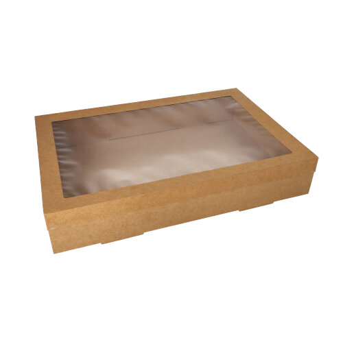 550 Transport- und Catering-Kartons, Pappe eckig 8 cm x 31 cm x 45 cm braun mit separatem Deckel und Sichtfenster aus PET