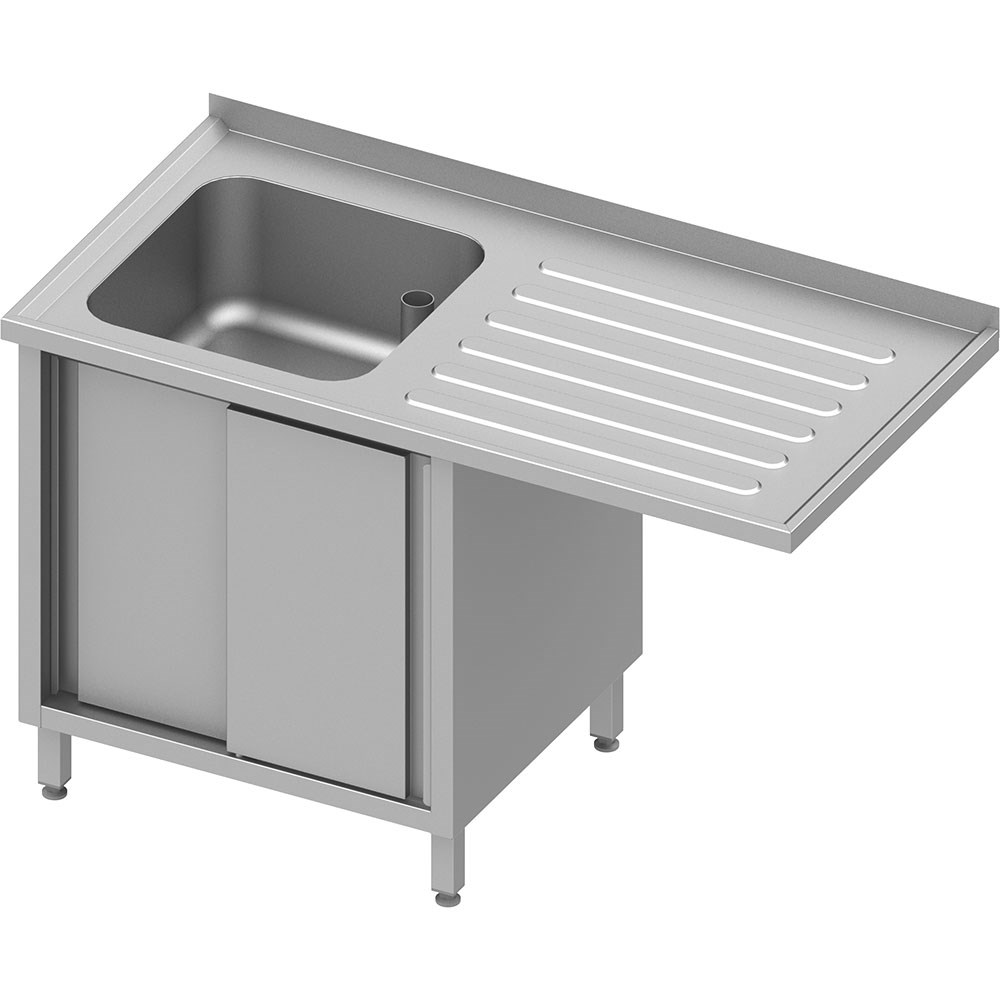 Spülschrank mit Schiebetüren und Überstand 1400x700x900 mm, mit einem Becken links, mit Aufkantung, verschweißt