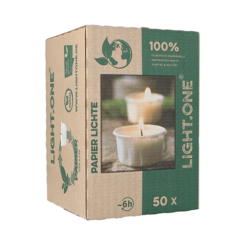 50 Teelichte Ø 42 mm · 25 mm weiss nachhaltig, in Papierhülle 12000 Teelichte Ø 42 mm · 25 mm weiss nachhaltig, in Papierhülle