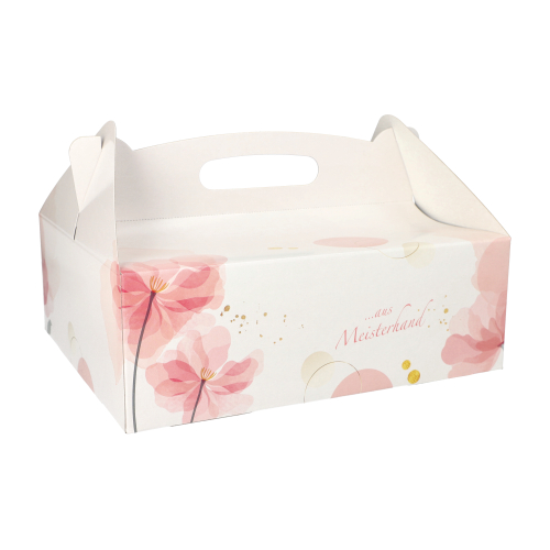 150 Gebäck-Kartons, Pappe eckig 26 cm x 22 cm x 9 cm rosé mit Tragegriff 1800 Gebäck-Kartons, Pappe eckig 26 cm x 22 cm x 9 cm rosé mit Tragegriff