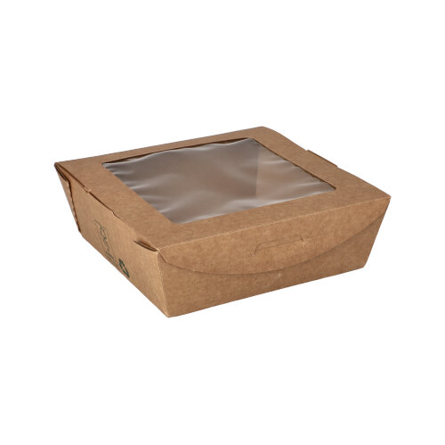 3240 Feinkostboxen, Pappe mit Sichtfenster aus PLA eckig 650 ml 4,5 cm x 12 cm x 12 cm braun "100% Fair"