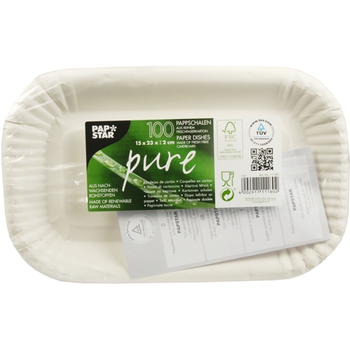 12600 Schalen, Pappe "pure" eckig 15 cm x 23 cm x 2 cm weiss