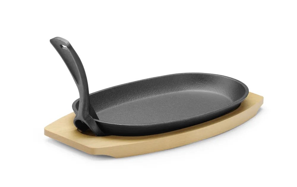 Gusseisenplatte mit Holzunterlage und Griff, Schwarz, 280x140x(H)30mm Gusseisenplatte mit Holzunterlage und Griff, Schwarz, 280x140x(H)30mm