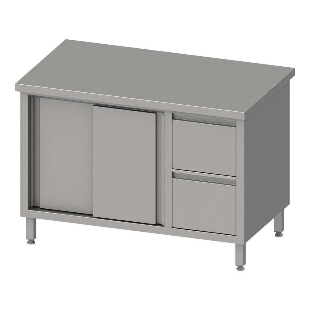 Arbeitsschrank mit Schiebetüren, 1600x600x850 mm, mit 2er Schubladenblock rechts, ohne Aufkantung, verschweißt Arbeitsschrank mit Schiebetüren, 1800x700x850 mm, mit 2er Schubladenblock rechts, ohne Aufkantung, verschweißt