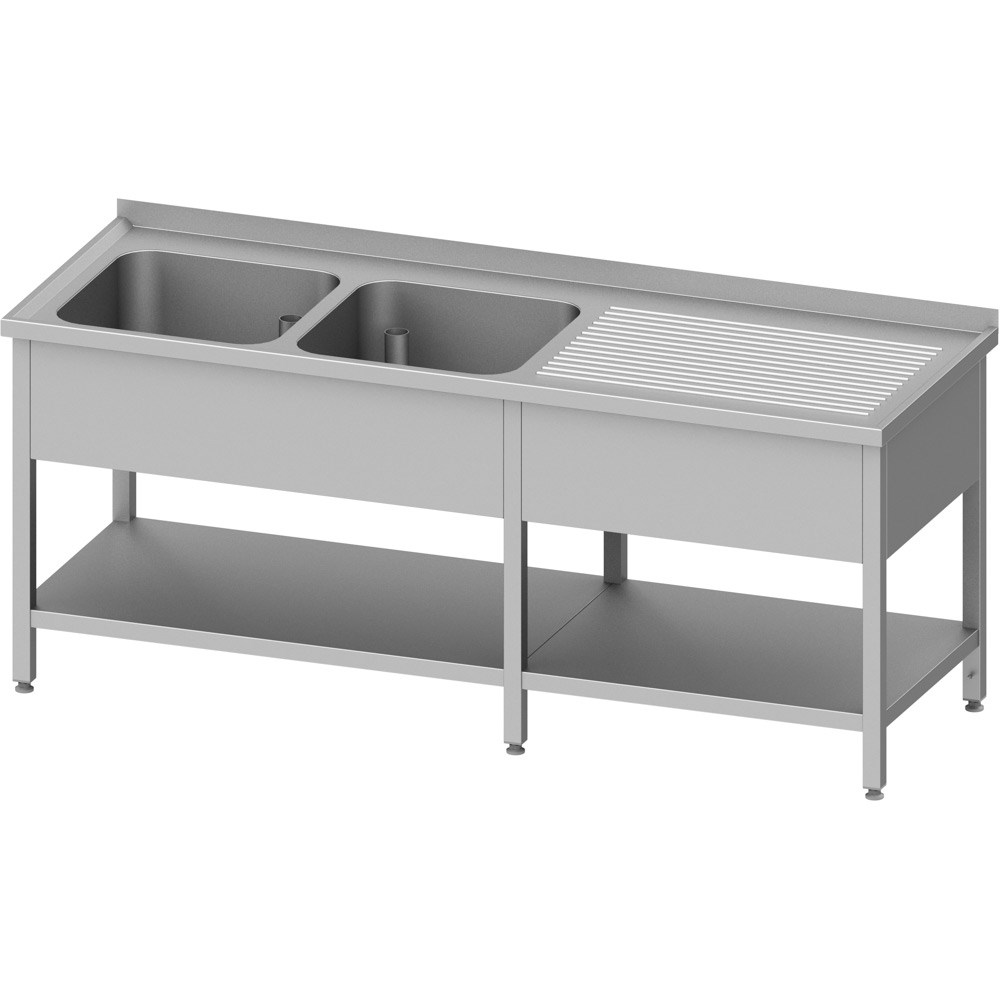 Spültisch mit Grundboden, 2100x600x850 mm, mit zwei Becken links, mit Aufkantung, verschweißt