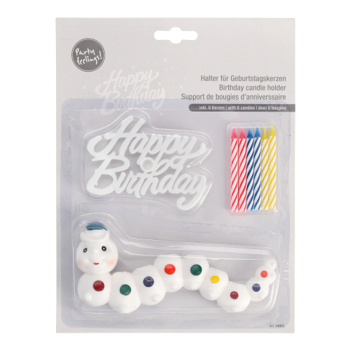 960 Halter für Geburtstagskerzen 6,5 cm x 15 cm "Würmli" mit 6 Kerzen