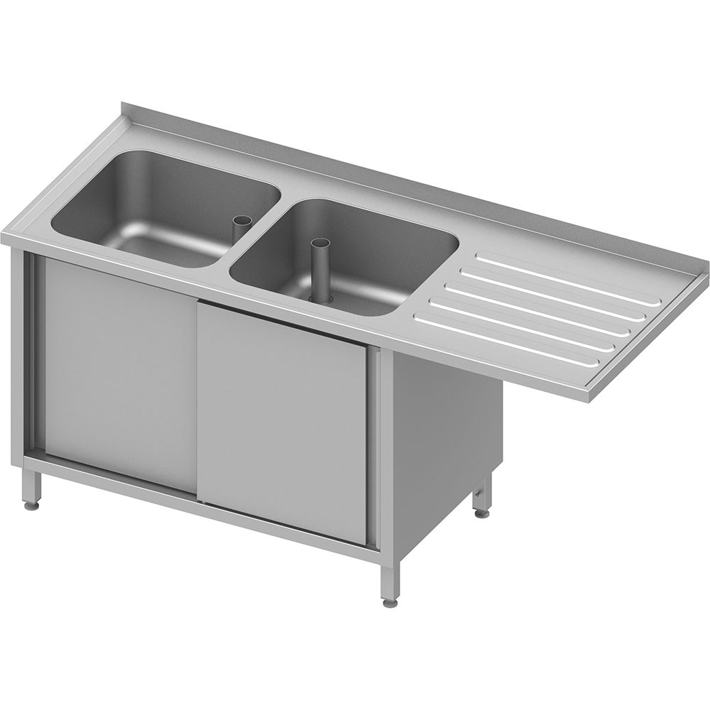 Spülschrank mit Schiebetüren und Überstand 1800x700x900 mm, mit zwei Becken links, mit Aufkantung, verschweißt