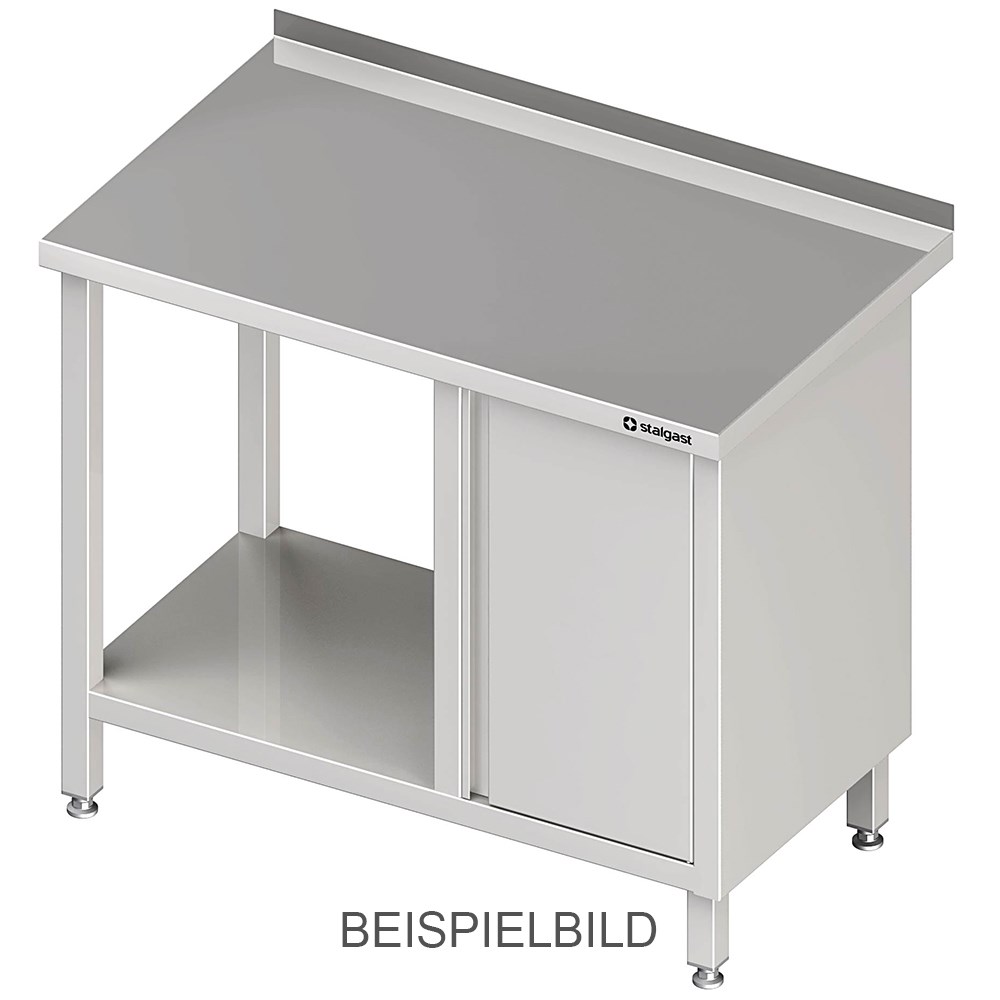 Arbeitstisch mit Grundboden, 1100x600x850 mm, mit Flügeltürschrank links, mit Aufkantung, verschweißt Arbeitstisch mit Grundboden, 2800x700x850 mm, mit Flügeltürschrank rechts, ohne Aufkantung, verschweißt