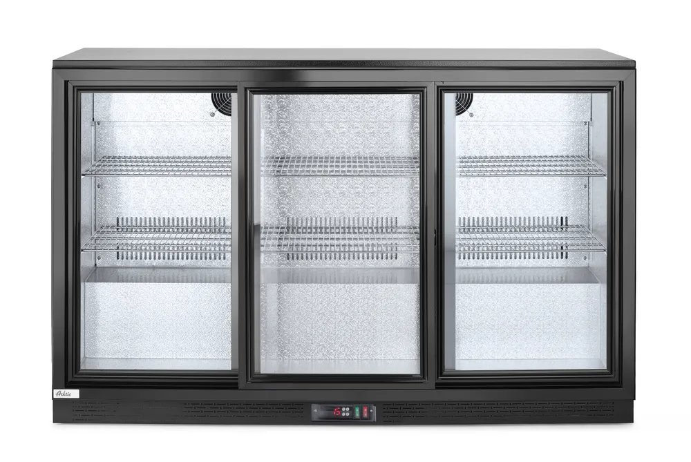 Kühlschrank mit drei Schiebetüren an der Bar, Arktic, 254L, Schwarz, 220-240V/160W, 1350x520x(H)865mm Kühlschrank mit drei Schiebetüren an der Bar, Arktic, 254L, Schwarz, 220-240V/160W, 1350x520x(H)865mm