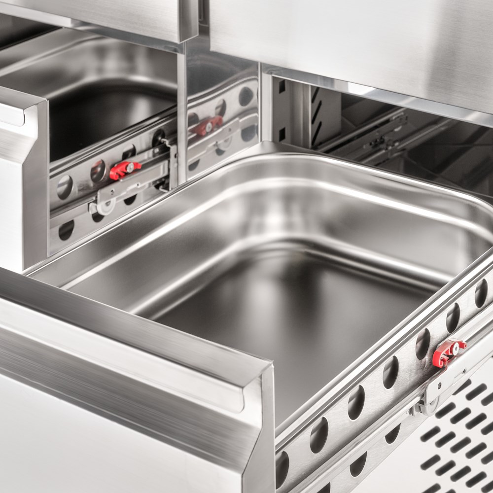 Edelstahl Kühltisch mit vier Schubladen GN 1/1, 900x700x875 mm (BxTxH), ohne Aufkantung