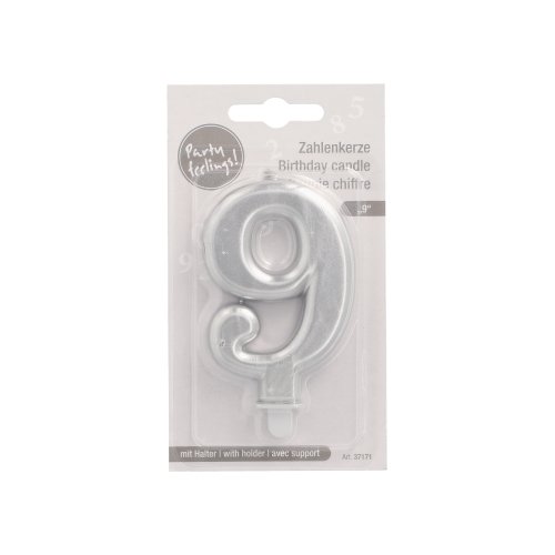 1 Zahlenkerze mit Halter 7 cm silber "9" 4320 Zahlenkerze mit Halter 7 cm silber "9"