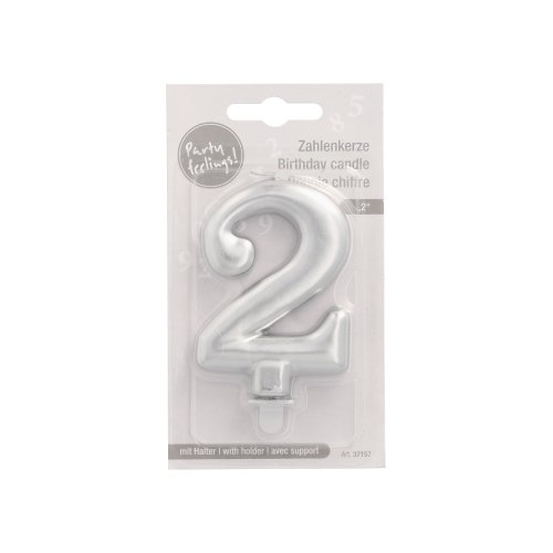 1 Zahlenkerze mit Halter 7 cm silber "2" 4320 Zahlenkerze mit Halter 7 cm silber "2"