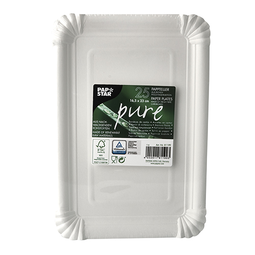 375 Teller, Pappe "pure" eckig 16,5 cm x 23 cm weiss 28500 Teller, Pappe "pure" eckig 16,5 cm x 23 cm weiss