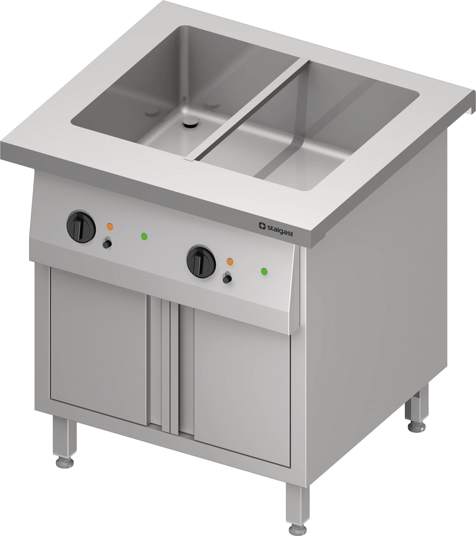 Bain-Marie-Station "Free Flow" mit einem Becken 2x GN1/1, Wärmeschrank und Flügeltüren, 799x750x880 mm Edelstahlabdeckung Bain-Marie-Station "Free Flow" mit einem Becken 2x GN1/1, Wärmeschrank und Flügeltüren, 799x735x880 mm Granitabdeckung "Standard G1"