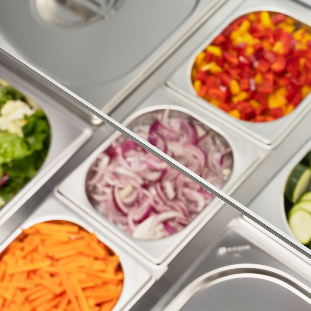 Saladette mit Glasaufsatz, 2-türig, GN 1/1, Aufnahme 10x GN1/4, 900x705x1300 mm (BxTxH), ohne Aufkantung