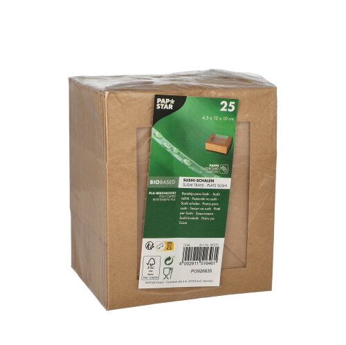 25 Sushi-Schalen, Pappe eckig 4,5 cm x 12 cm x 10 cm braun 11500 Sushi-Schalen, Pappe eckig 4,5 cm x 12 cm x 10 cm braun