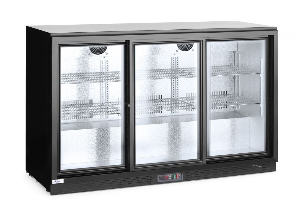 Bar-Kühlschrank mit drei Schiebetüren, Arktic, 308L, Schwarz, 220-240V/160W, 1350x520x(H)865mm Bar-Kühlschrank mit drei Schiebetüren, Arktic, 308L, Schwarz, 220-240V/160W, 1350x520x(H)865mm