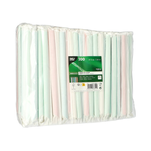 1200 Bubble Tea Halme Papier Ø 12 mm · 20 cm farbig sortiert einzeln gehüllt, einseitig spitz 19200 Bubble Tea Halme Papier Ø 12 mm · 20 cm farbig sortiert einzeln gehüllt, einseitig spitz