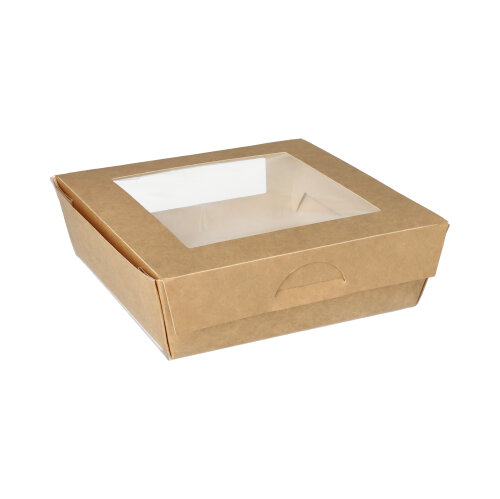 1800 Feinkostboxen, Pappe mit Sichtfenster aus PLA eckig 1000 ml 16 cm x 16 cm x 5 cm braun