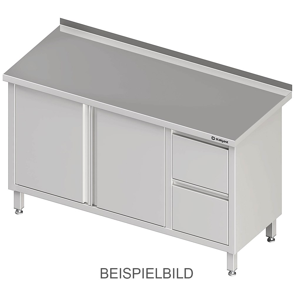 Arbeitsschrank mit Flügeltüren, 1600x600x850 mm, mit 2er Schubladenblock links, mit Aufkantung, verschweißt Arbeitsschrank mit Flügeltüren, 1900x700x850 mm, mit 2er Schubladenblock links, mit Aufkantung, verschweißt