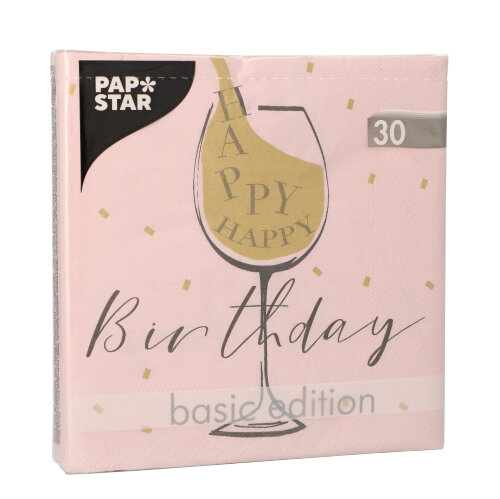 25920 Servietten, 3-lagig 1/4-Falz 33 cm x 33 cm ! rosa "Happy Birthday"