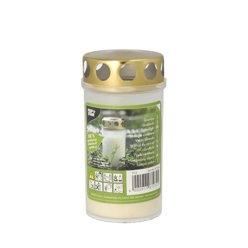 1792 Öl-Licht T3, 100 % Pflanzenfett Ø 6,5 cm · 12,5 cm weiss transparente Hülle, mit Golddeckel