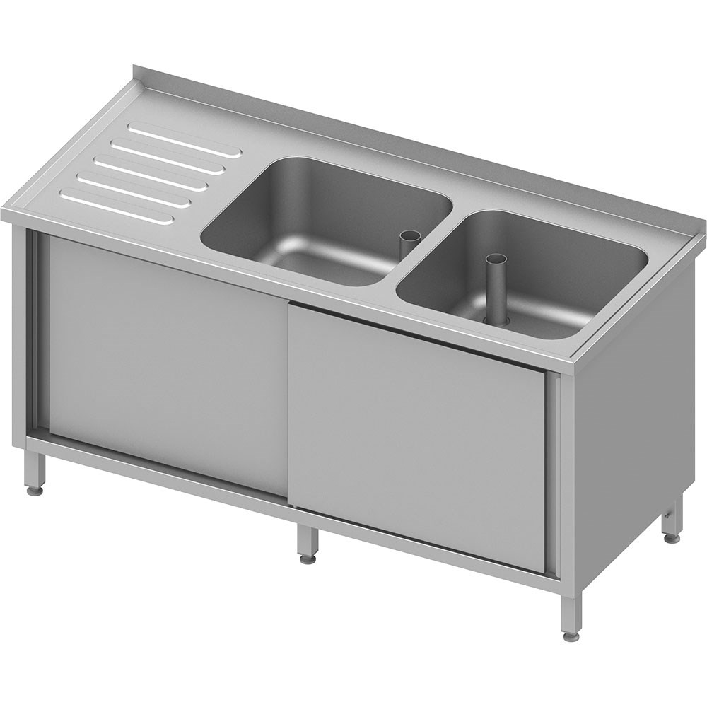 Spülschrank mit Schiebetüren, 1600x600x850 mm, mit zwei Becken rechts, mit Aufkantung, verschweißt Spülschrank mit Schiebetüren, 1800x700x850 mm, mit zwei Becken rechts, mit Aufkantung, verschweißt